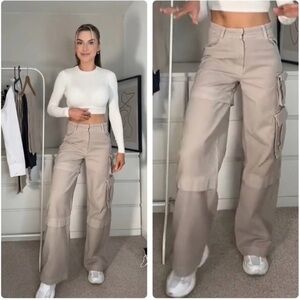 Zara high waisted beige cargo 
Size S but fit like a medium